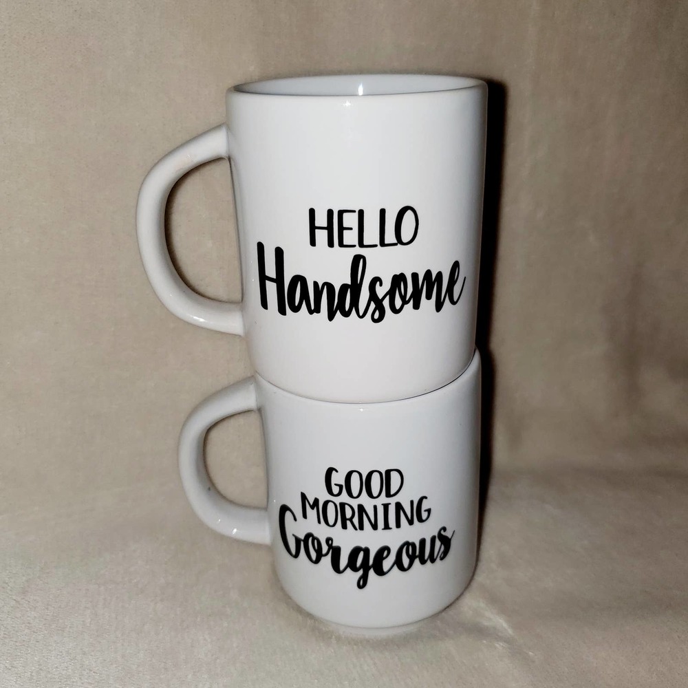 New! Good Morning Gorgeous & Hello Handsome Matching Mugs Micro &Dishwasher Safe